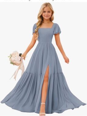 Junior Bridesmaid Dress Dusty Blue Square Neck Maxi Dress with Slit